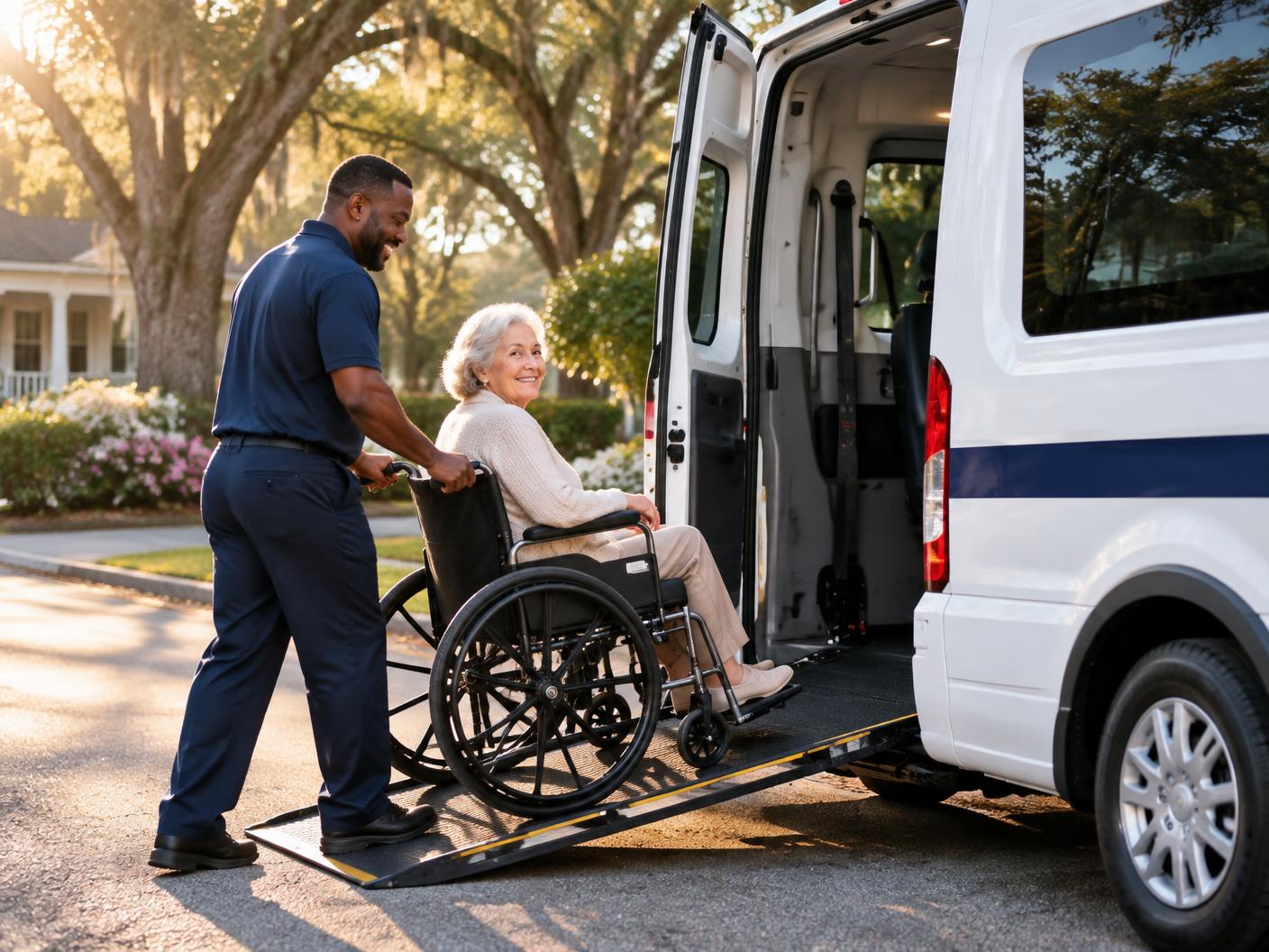 A HeartStar driver helping an elderly rider board a medical transport van